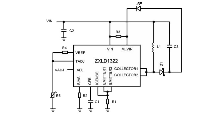 Application Circuit Diagram - Diodes Incorporated ZXLD132X DC-DC Converter Series LED Drivers